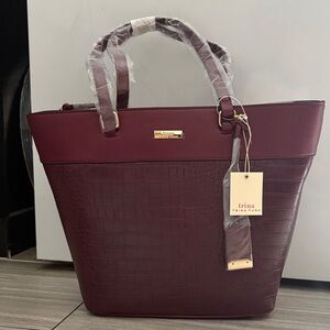 Trina Turk Deep Burgundy Croc-Embossed Tote with Gold Accents